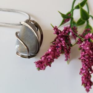 Vintage Caged in Silver Tone Metal Pale Blue Green Stone Pendant Necklace